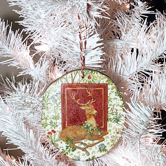 Handcrafted Decoupage Wooden Christmas Ornament/Christmas Floral Deer/Tree Decor - Picture 1 of 3